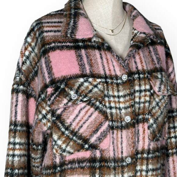 LULUS The City is Calling Plaid Pink Shacket Lagenlook Relaxed Coquette Cozy - Picture 8 of 16